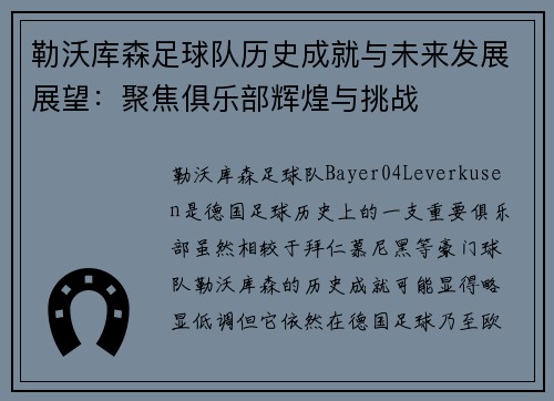勒沃库森足球队历史成就与未来发展展望：聚焦俱乐部辉煌与挑战